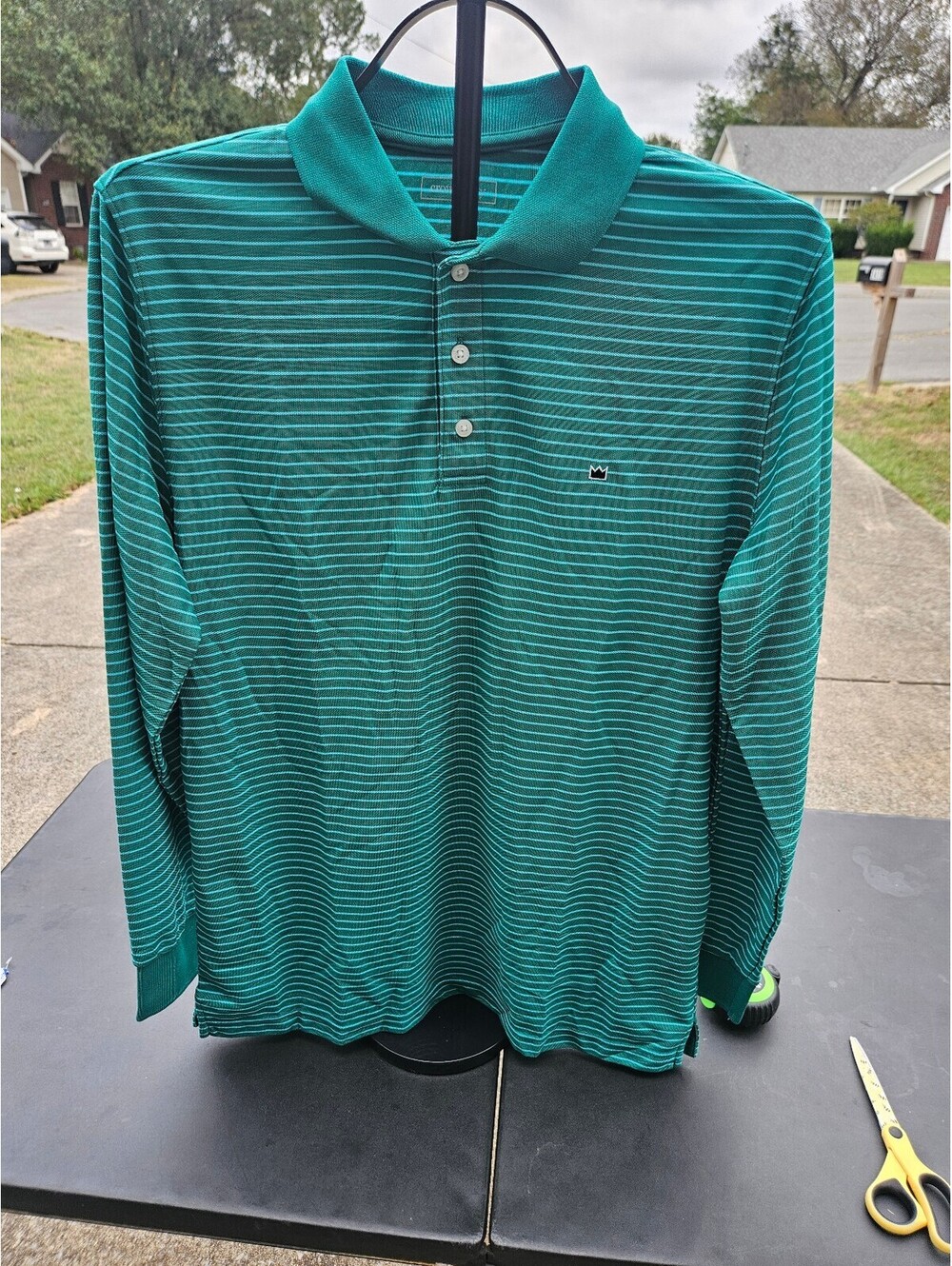 NWT Crown & Ivy Men's Green Striped Long Sleeve Performance Piqué Polo Shirt S